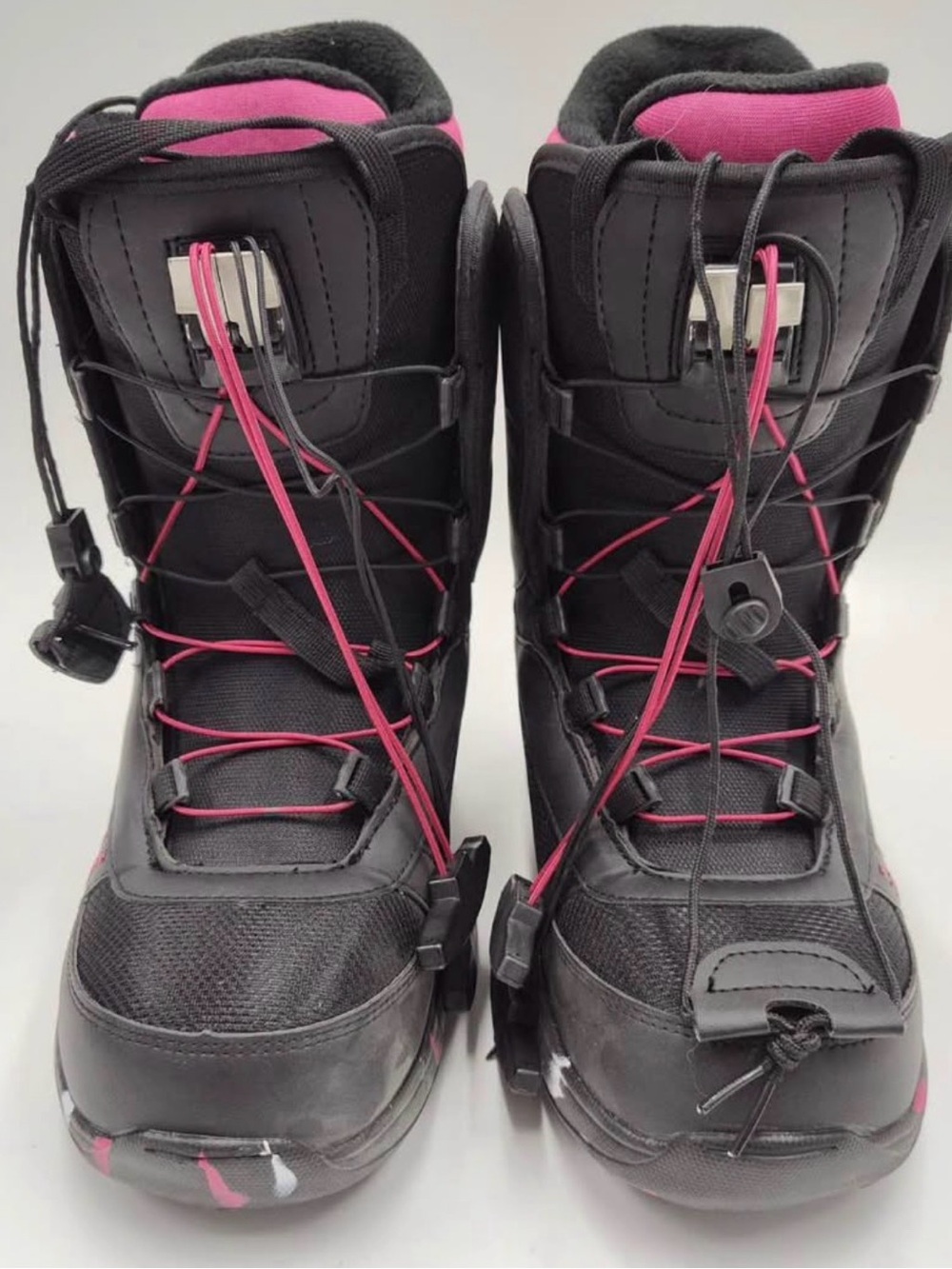 Women’s Black and Pink Lace-Up Snowboard Boots - Size 9